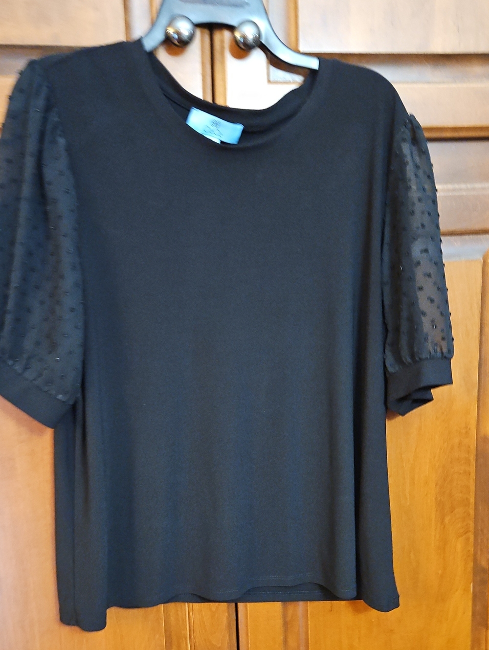 Women’s Black Short Sleeve Top with Sheer Dotted Sleeves